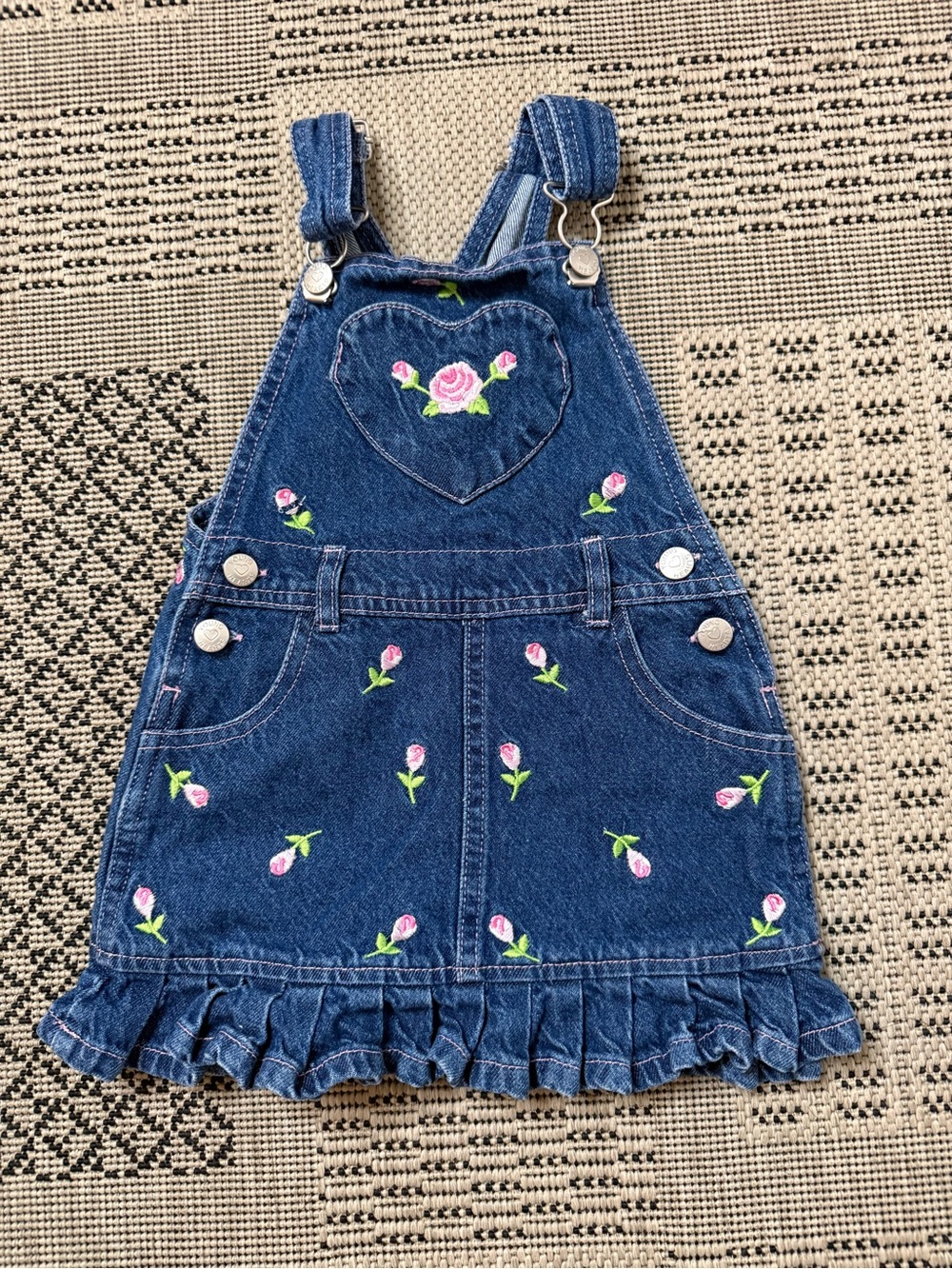 VTG Denim Overall Dress w/ Rose Embroidery- Size 2T